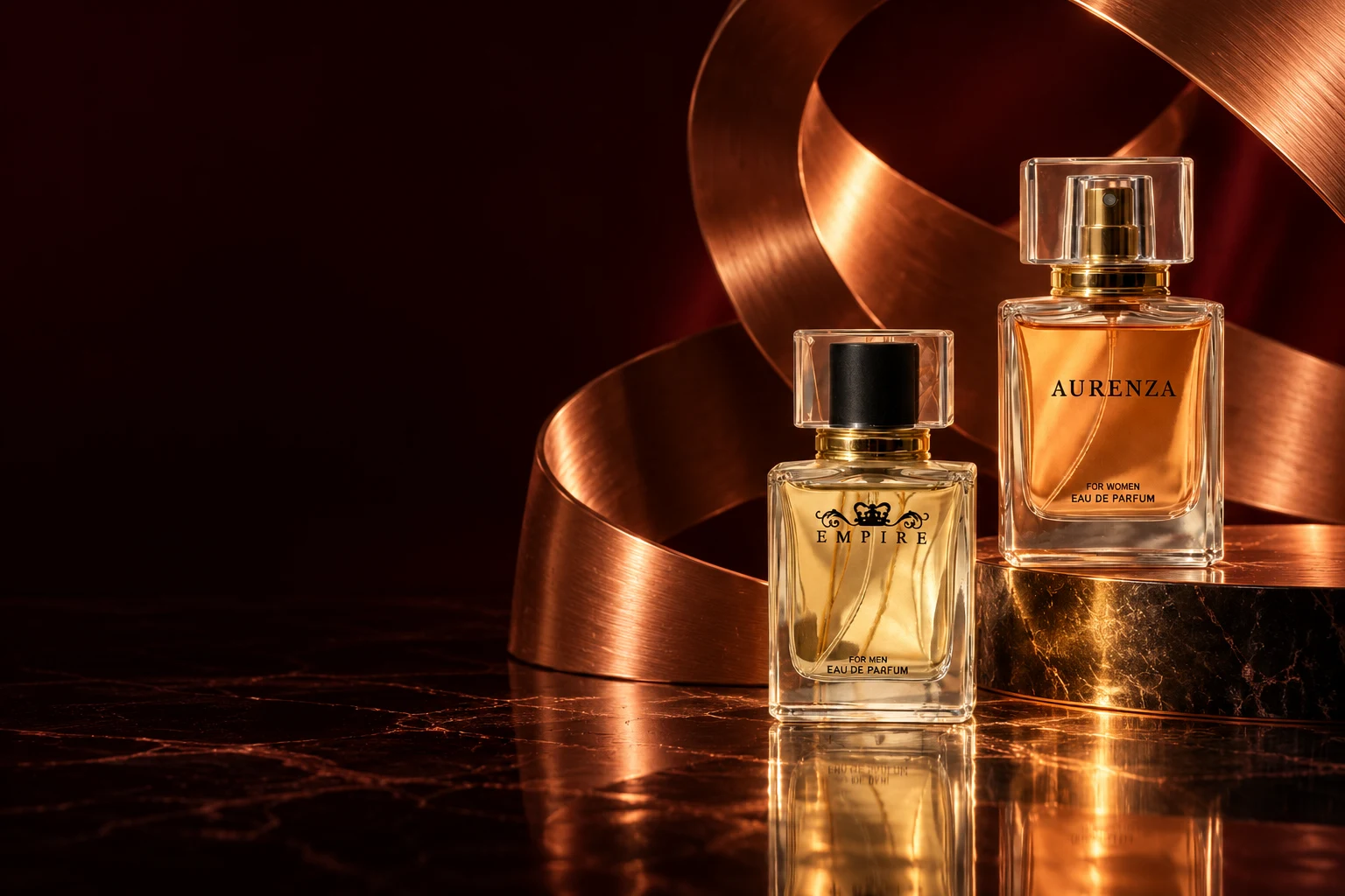 Empire and Aurenza in a sculptural copper campaign scene